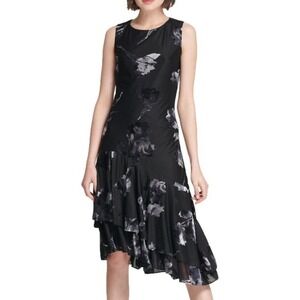 DKNY‎ Black Asymmetrical Floral Print Party Dress